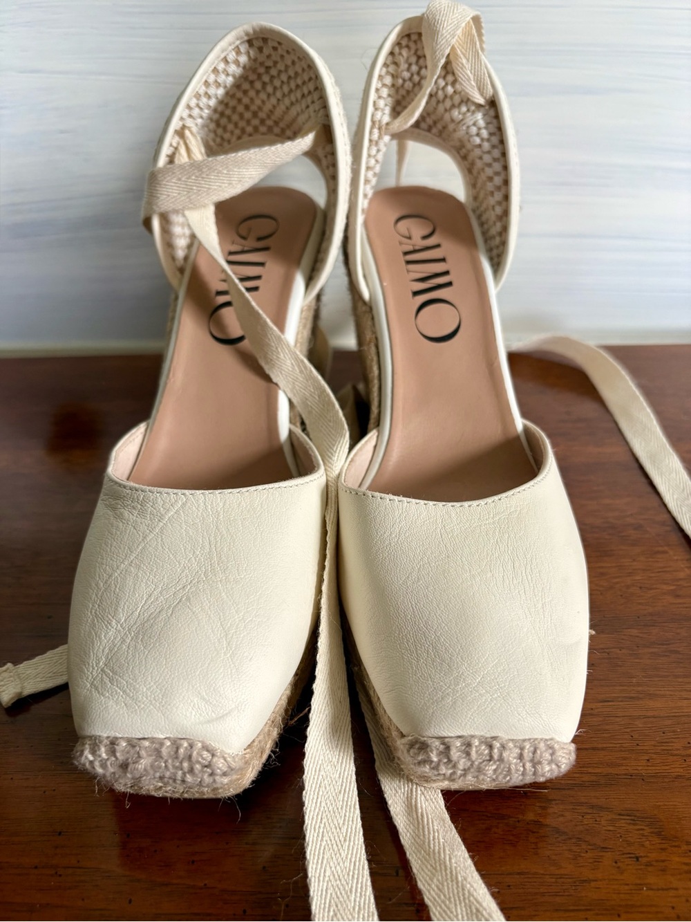 AMO Cream Espadrille Platform Wedge Sandals with Ankle Wrap